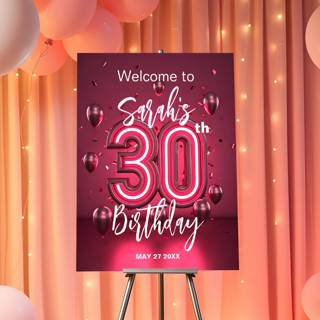 Chic Vibrant Neon Pink 30th Birthday with Balloons Foam Board (Creator Uploaded)