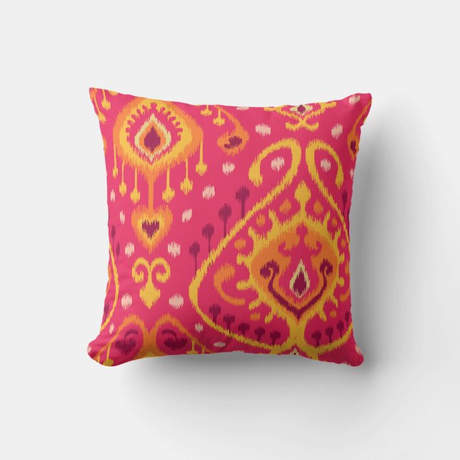 Chic vibrant pink and orange tribal ikat print throw pillow (Front)