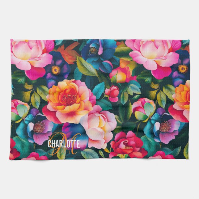 Chic vibrant roses pattern monogram name kitchen towel (Horizontal)