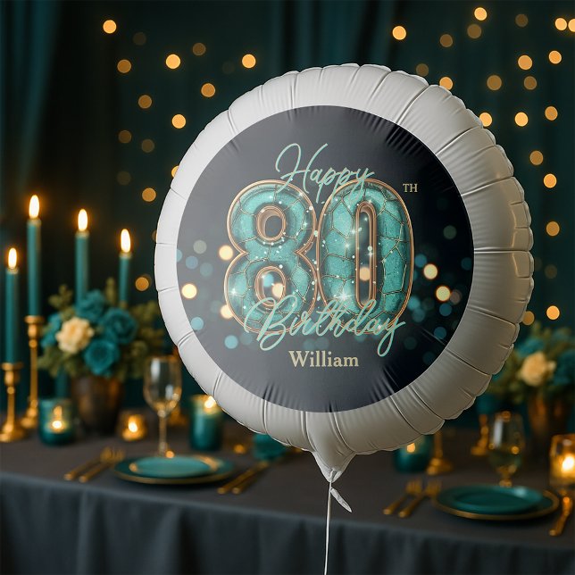 Chic Vibrant Teal and Gold 80th Birthday Balloon (Creator Uploaded)