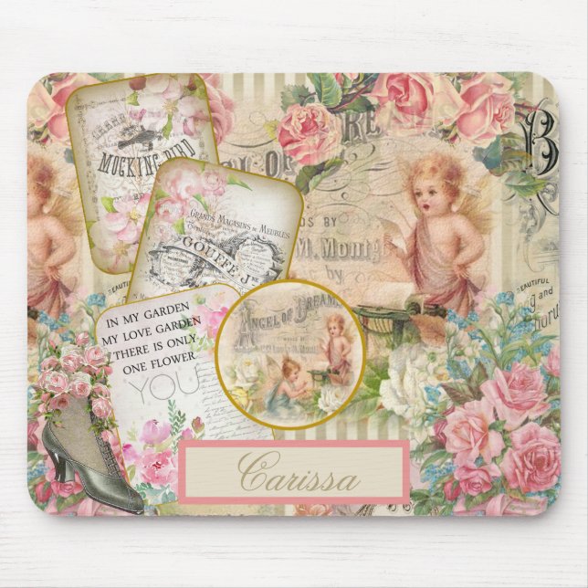 Chic Victorian Ephemera Angels Roses Monogrammed  Mouse Pad (Front)