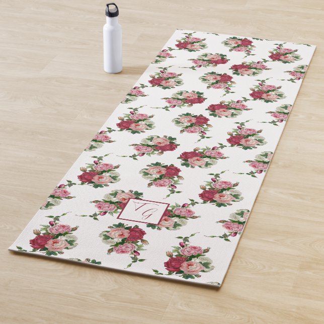 Chic Victorian Roses w/Monogram - White Background Yoga Mat (In Situ)