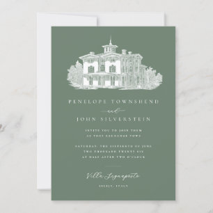 Chic Villa Illustration Sage Green Italian Wedding Invitation
