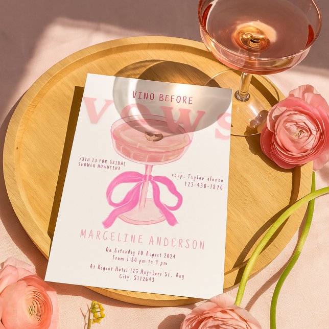 Chic Vino Before Vows Pink Wine Bow Bridal Shower Invitation (Creator Uploaded)