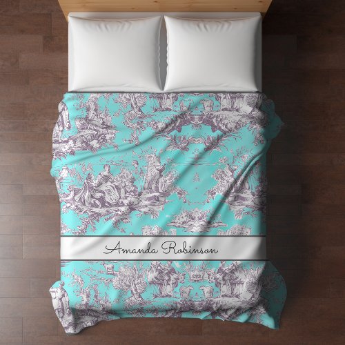 Chic vintage baby blue floral toile de jouy duvet cover