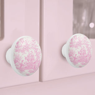 Chic vintage baby pink toile de jouy printed ceramic knob