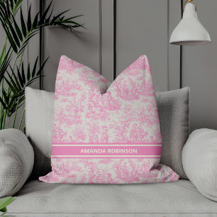 Chic vintage baby pink toile de jouy printed throw pillow