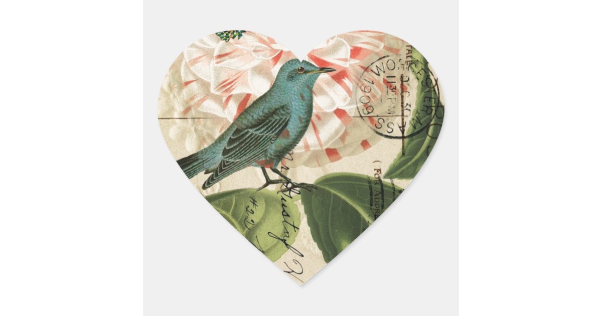 Chic Vintage Bird Camellia French Botanical Art Heart Sticker Zazzle
