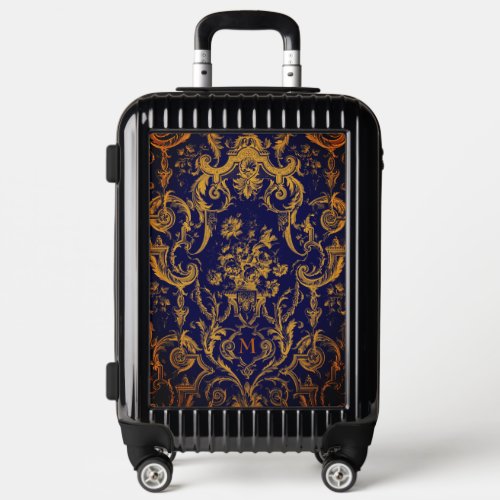 Chic vintage black yellow toile de jouy monogram luggage