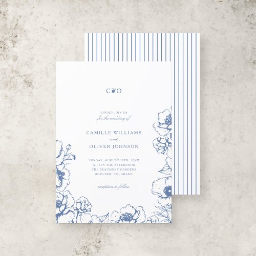 Chic Vintage Blue Floral Initials Garden Wedding Invitation