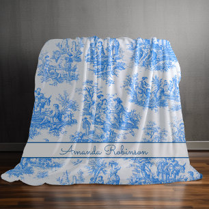 Chic vintage blue floral toile de jouy monogram duvet cover
