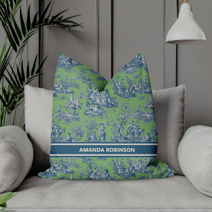 Chic vintage blue green toile de jouy printed throw pillow