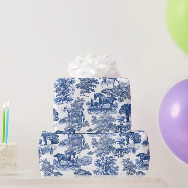 Chic Vintage Blue Horses Toile Pattern Wrapping Paper (Party Gifts)