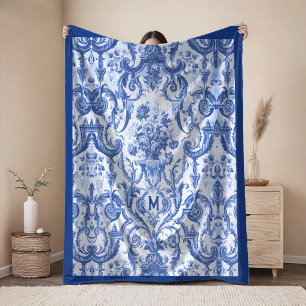 Chic Vintage Blue Toile De Jouy Monogram Fleece Blanket