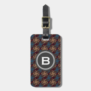 Chic vintage brown blue houndstooth plaid monogram luggage tag