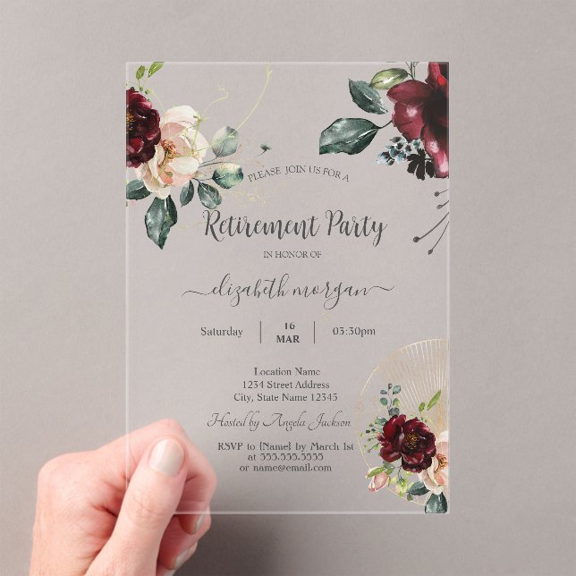 Chic Vintage Burgundy Flowers Retirement Party Acrylic Invitations (Insitu (Handheld))