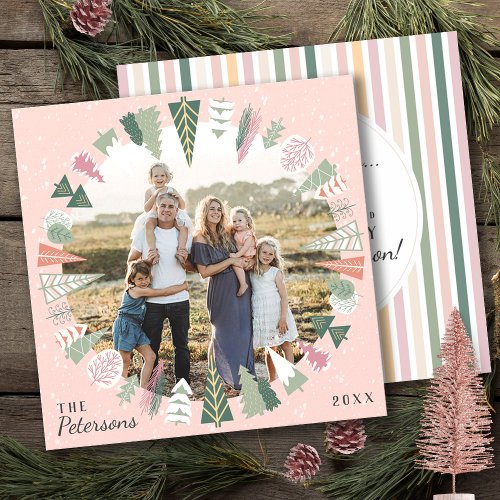 Chic Vintage Christmas Trees Photo PINK Sage Green Holiday Card