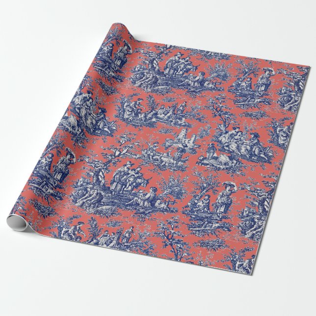 Chic vintage coral red blue toile de jouy printed wrapping paper (Unrolled)