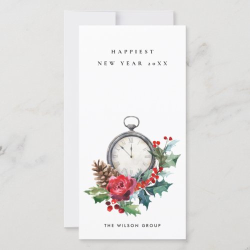 CHIC VINTAGE CORPORATE HOLLY BERRY NEW YEAR CLOCK HOLIDAY CARD