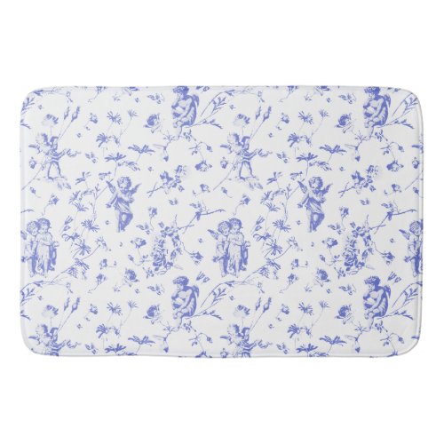 Chic Vintage Cupid Angels Floral Blue White Toile Bath Mat