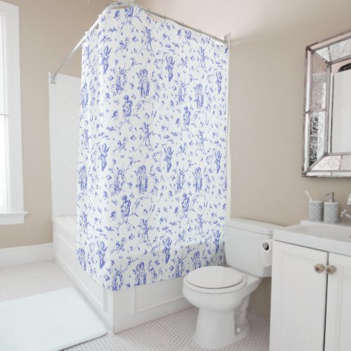 Chic Vintage Cupid Angels Floral Blue White Toile Shower Curtain