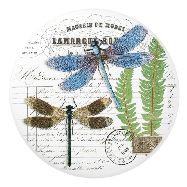 Chic Vintage Dragonfly & Fern French Script Knob (Front)