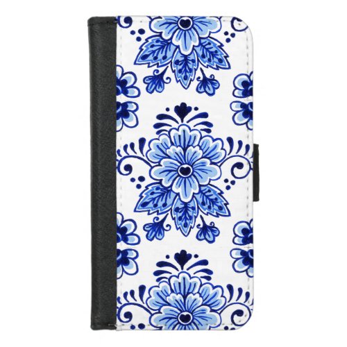 Chic Vintage Dutch Delft Blue Floral Pattern iPhone 87 Wallet Case