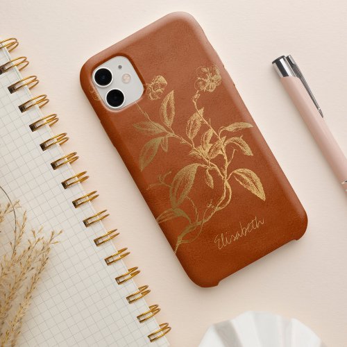 Chic vintage faux gold floral stylish name script iPhone 15 case