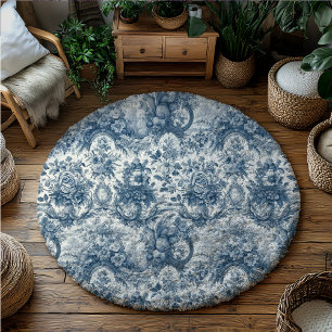 Chic Vintage floral Blue toil large printed round Rug
