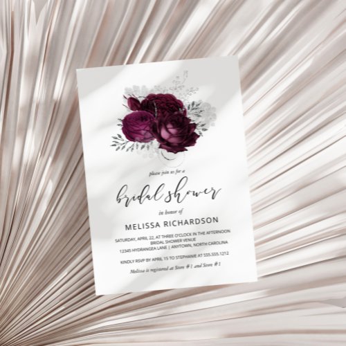 Chic Vintage Floral Burgundy Silver Bridal Shower Invitation