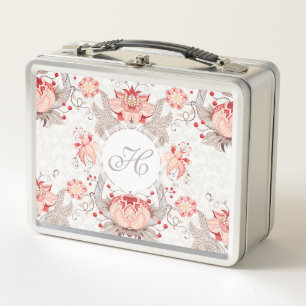 Chic Vintage Floral Damask Monogram Lunchbox