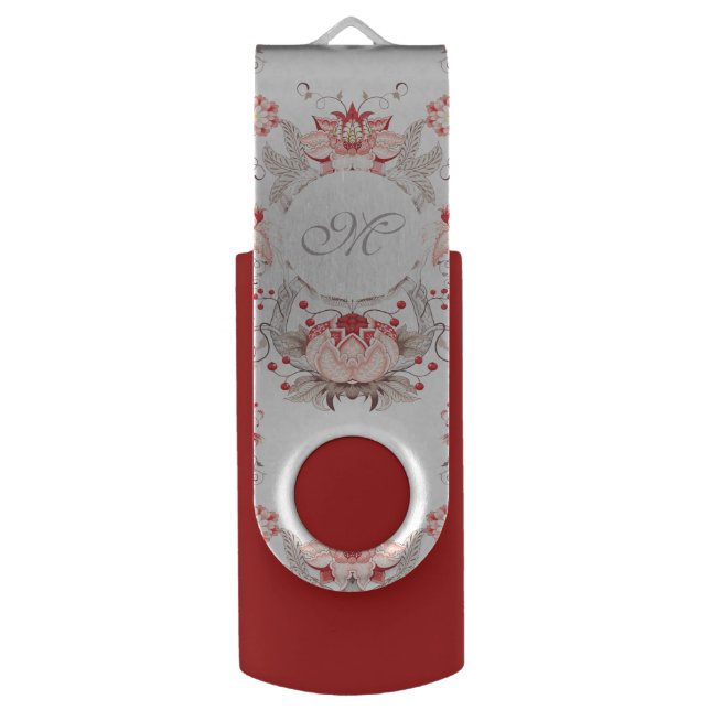 Chic Vintage Floral Damask Monogram USB Flash Drive (Front Vertical)