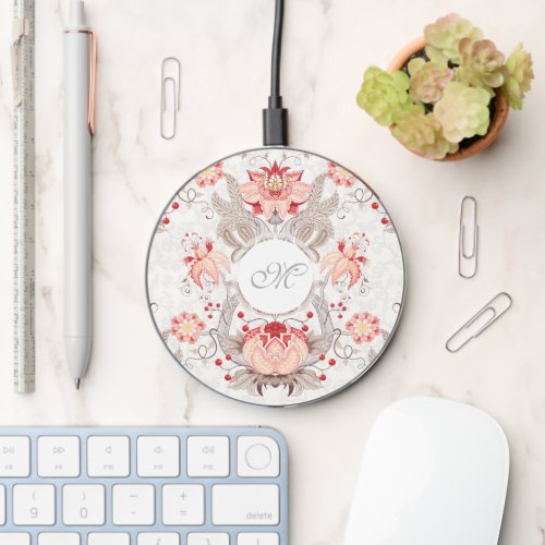 Chic Vintage Floral Damask Monogram WC Wireless Charger