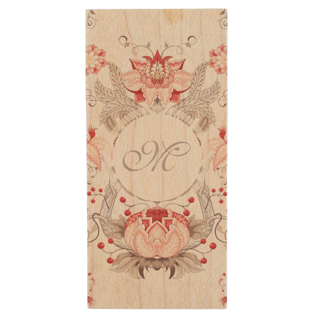 Chic Vintage Floral Damask Monogram Wooden USB Wood USB Flash Drive (Front Vertical)