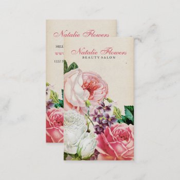 Chic Vintage Floral Elegant Pink Roses Beige Paper Business Card by busied at Zazzle