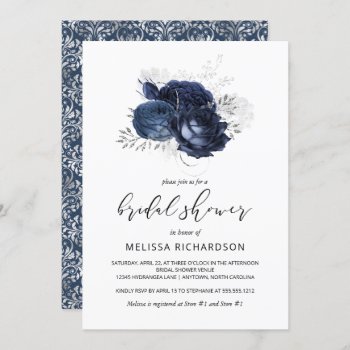 Chic Vintage Floral Navy Blue Silver Bridal Shower Invitation by Wedding_Paper_Nest at Zazzle