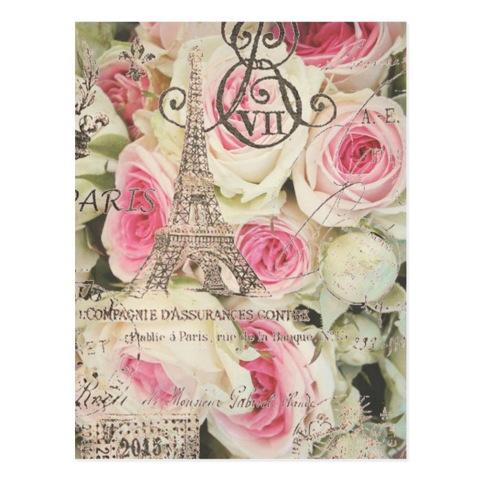 Chic Vintage Floral Paris Pink Rose Post Cards