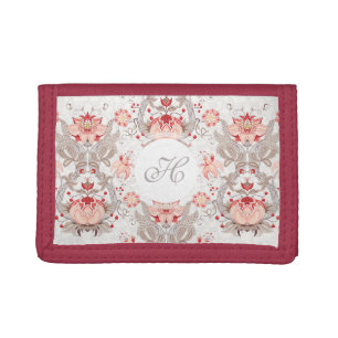 Chic Vintage Floral Pattern damask Monogram W Tri-fold Wallet