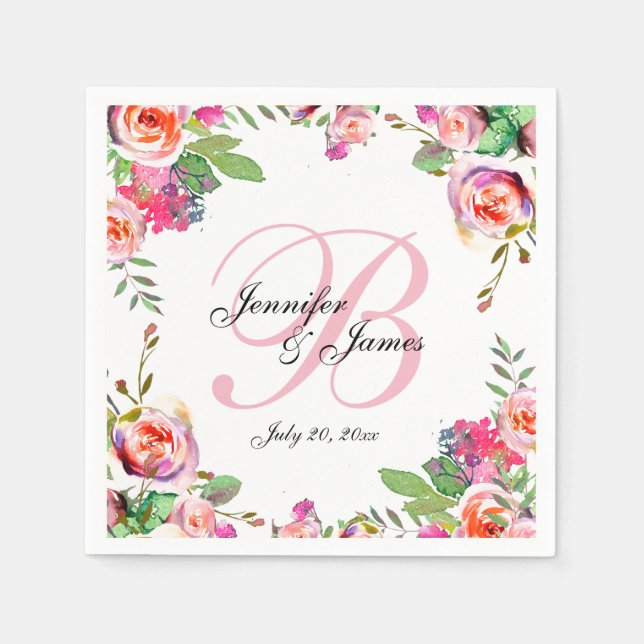 Chic Vintage Floral Pink Monogram Wedding Napkins (Front)