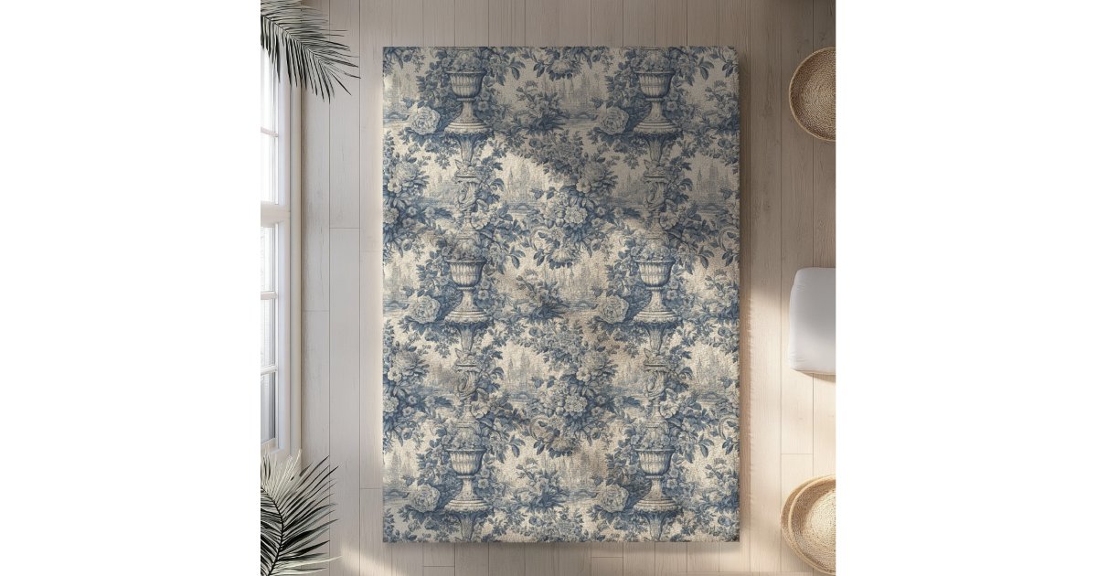 Chic Vintage floral vase Blue toile large printed Rug | Zazzle