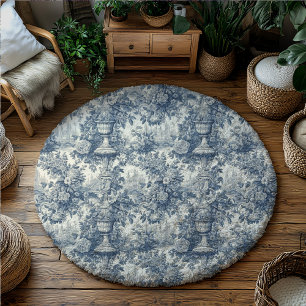 Chic Vintage floral vase Blue toile printed round Rug