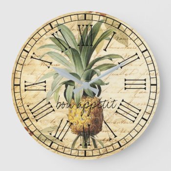 Chic Vintage French Pineapple Bon Apatit Rustic Large Clock by FUNNSTUFF4U at Zazzle
