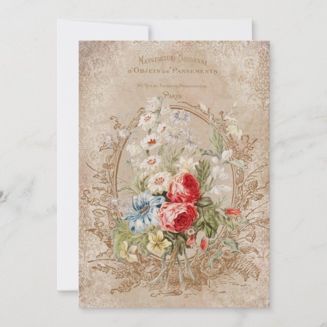 Chic Vintage French Rose Ephemera Note Card (Front)