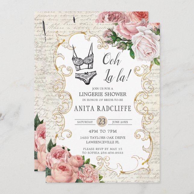 Chic Vintage French Roses Lingerie Bridal Shower Invitation (Front/Back)
