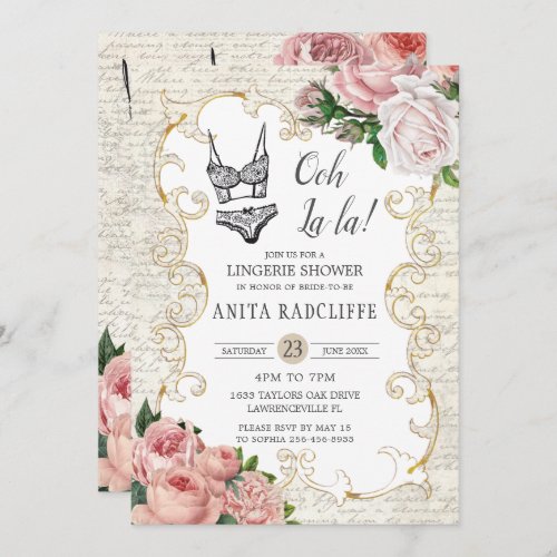 Chic Vintage French Roses Lingerie Bridal Shower Invitation