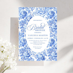 Chic Vintage French Toile Blue Roses Bridal Shower Invitation