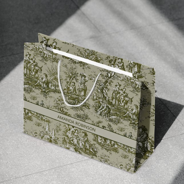 Chic vintage green grey toile de jouy large gift bag (Creator Uploaded)