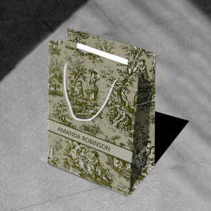 Chic vintage green grey toile de jouy medium gift bag