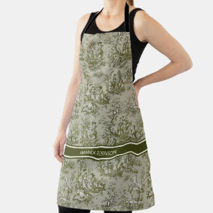 Chic vintage green grey toile de jouy printed apron