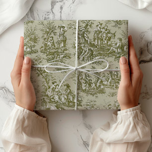 Chic vintage green grey toile de jouy printed wrapping paper